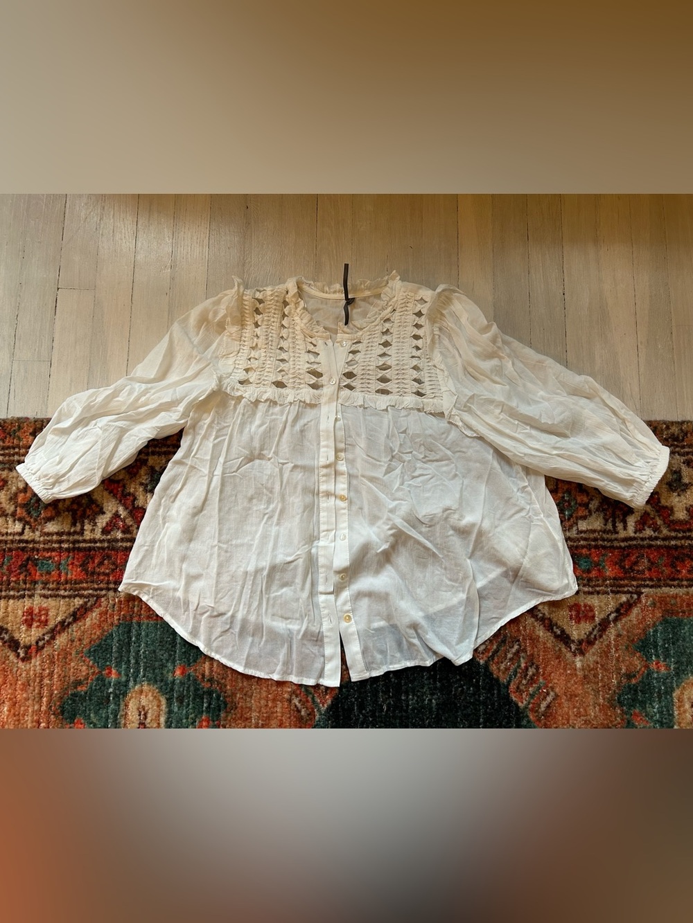Anthropologie Cream Crochet-Yoke Button Down Blouse